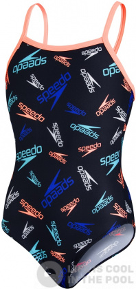 Girl's swimsuit Speedo Boom Logo Thinstrap Muscleback Girl Black/Neon Fire/Light Adriatic