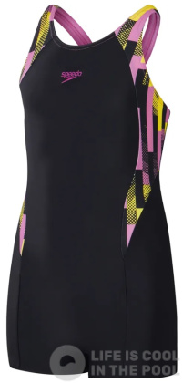 Speedo Printed Panel Legsuit Girls Black/Pink