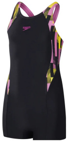 Speedo Printed Panel Legsuit Girls Black/Pink